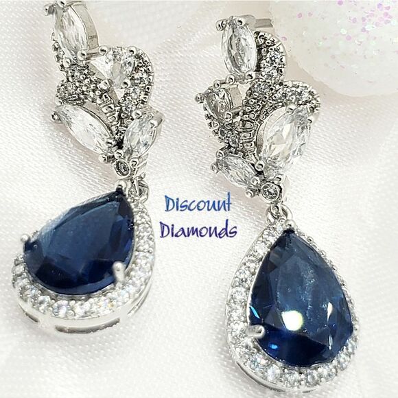 Blue Sapphire & White Baguette Diamond Drop Stud Earrings 925  Silver - Women's - Picture 9 of 9